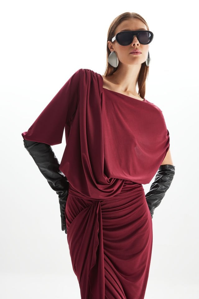 Draped Jersey Top & Gathered Skirt in Burgundy
