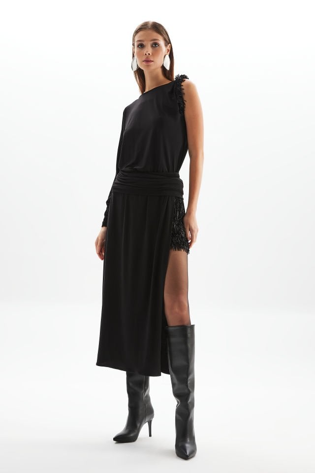 Cut-out Leg Asymmetrical Midi Dress