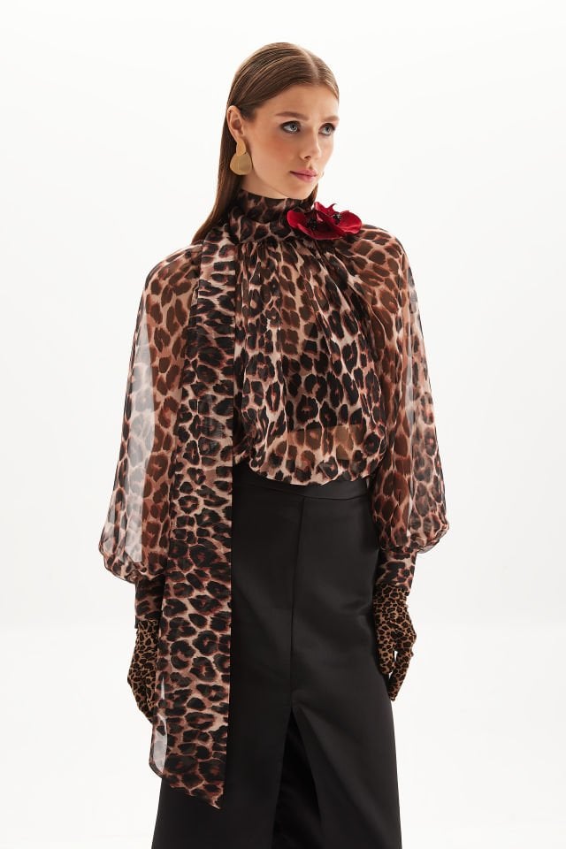 Chiffon Blouse with Orchid Flowers in Leopard