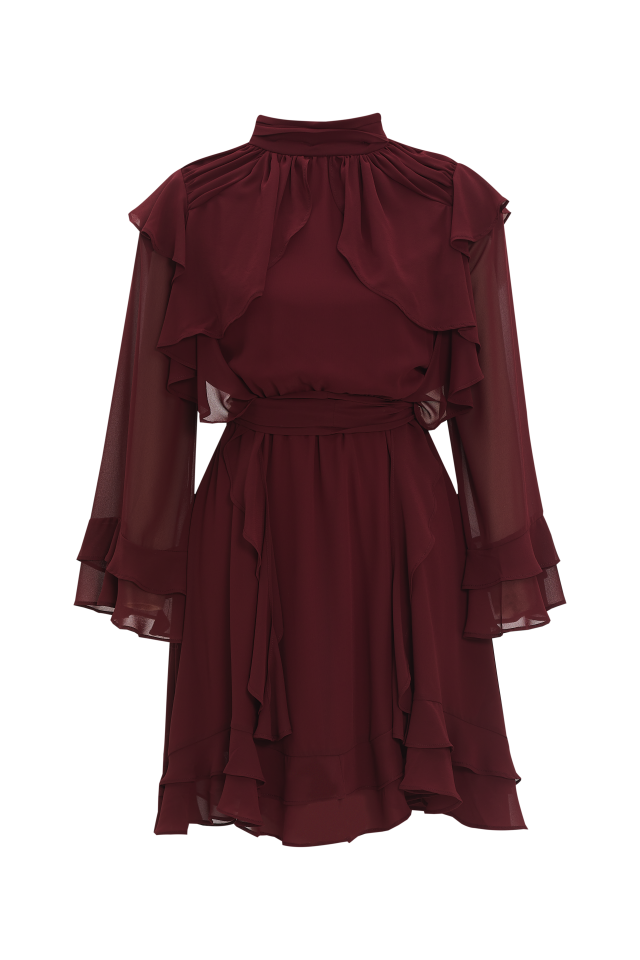 Ruffled Chiffon Dress in Burgundy