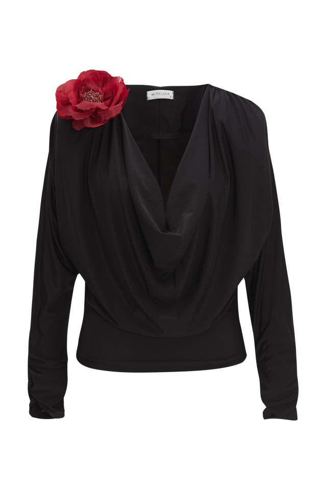 Cowl Neck Draped Jersey Top in Black