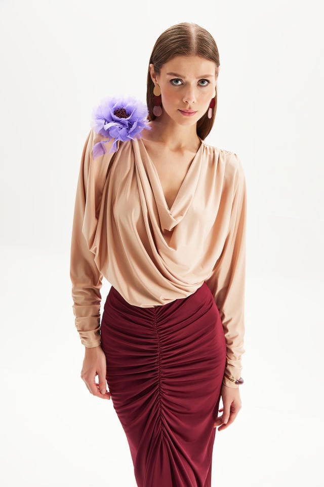 Cowl Neck Draped Jersey Top in Beige