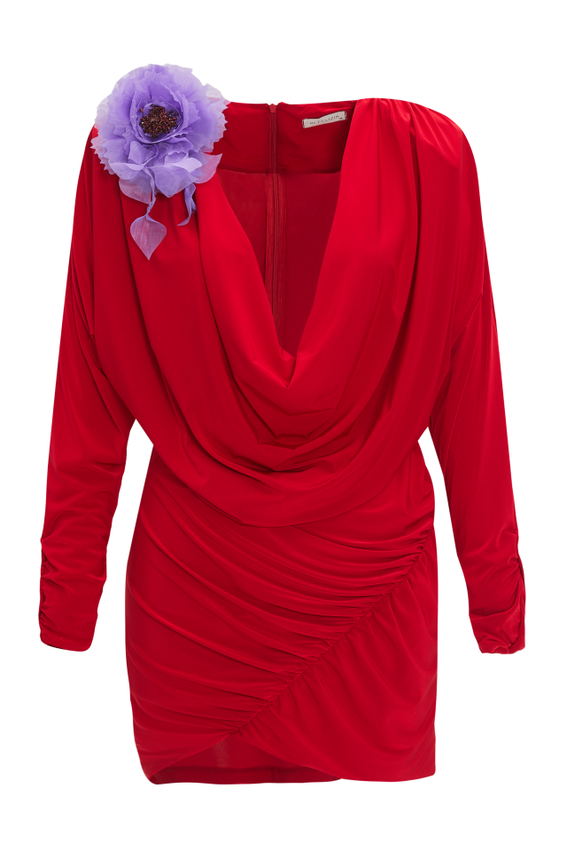 Cowl Neck Draped Jersey Mini Dress in Red