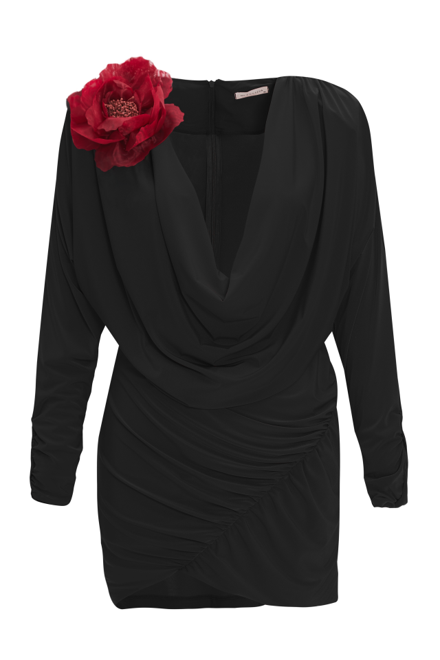 Cowl Neck Draped Jersey Mini Dress in Black