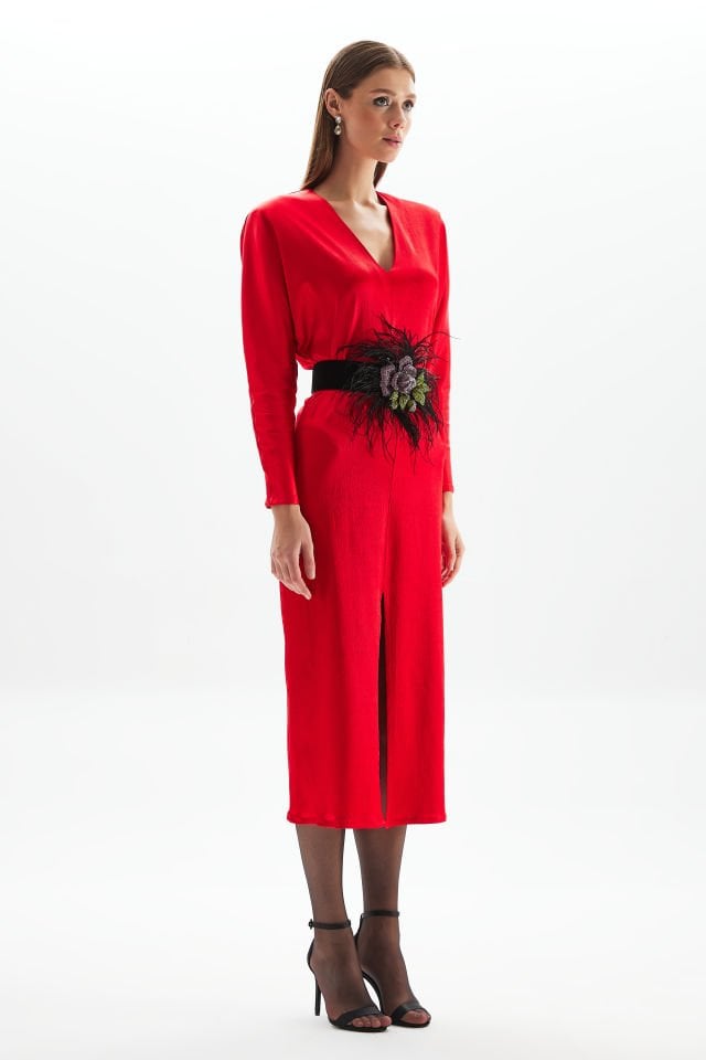 V-Neck Midi Dress with Front Slit in Red