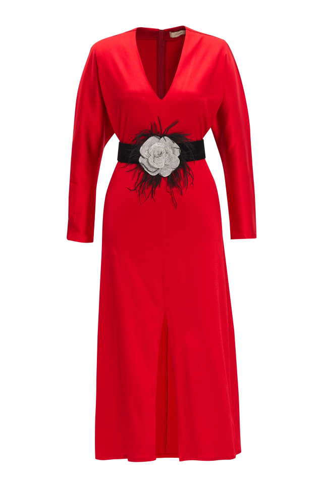 V-Neck Midi Dress with Front Slit in Red