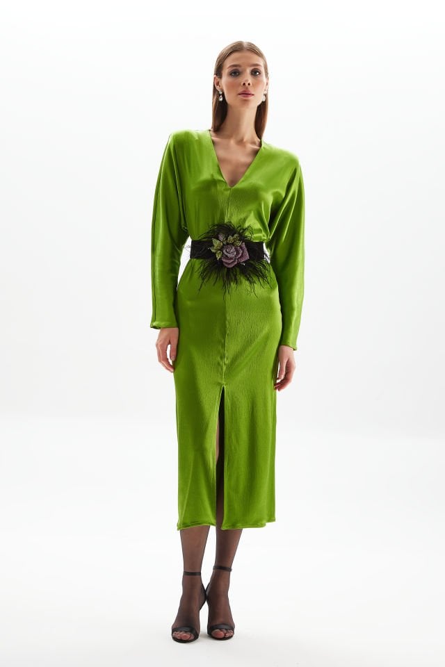 V-Neck Midi Dress with Front Slit in Green