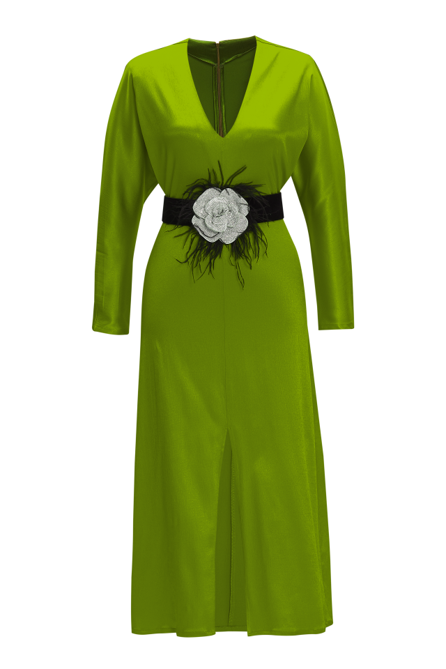 V-Neck Midi Dress with Front Slit in Green