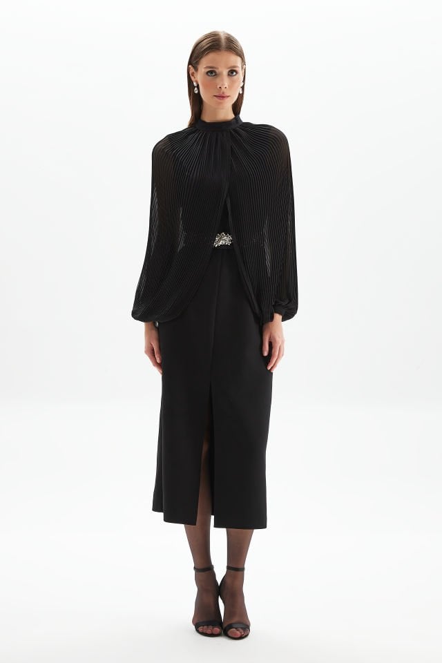 Black Midi Dress with Pleated Sleeves