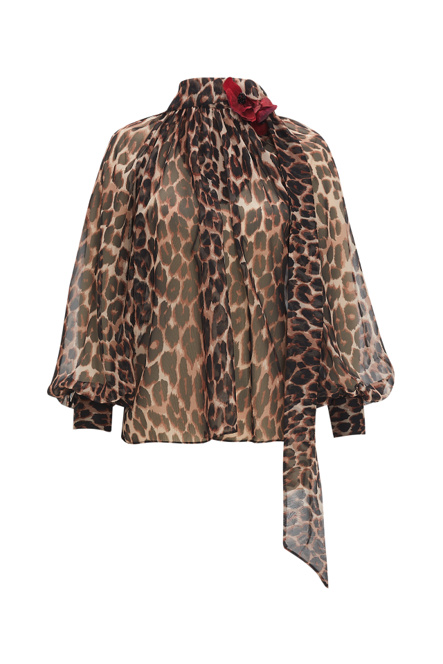 Chiffon Blouse with Orchid Flowers in Leopard