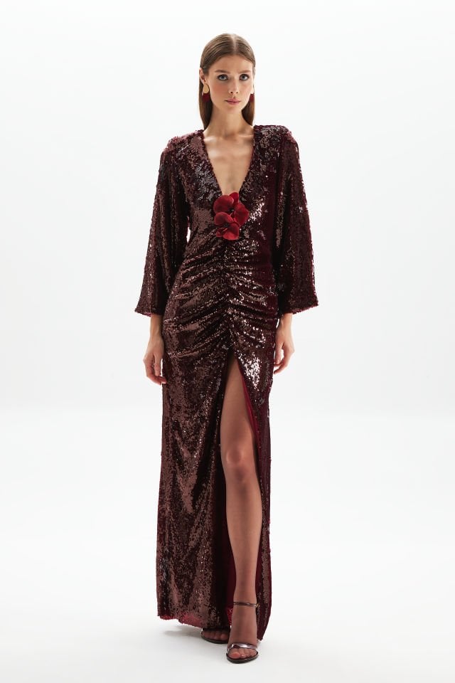 Sequin Maxi Gown with Orchid Flowers