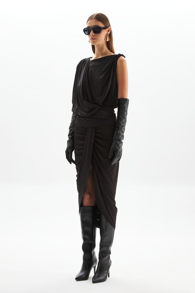 Draped Jersey Top & Gathered Skirt in Black
