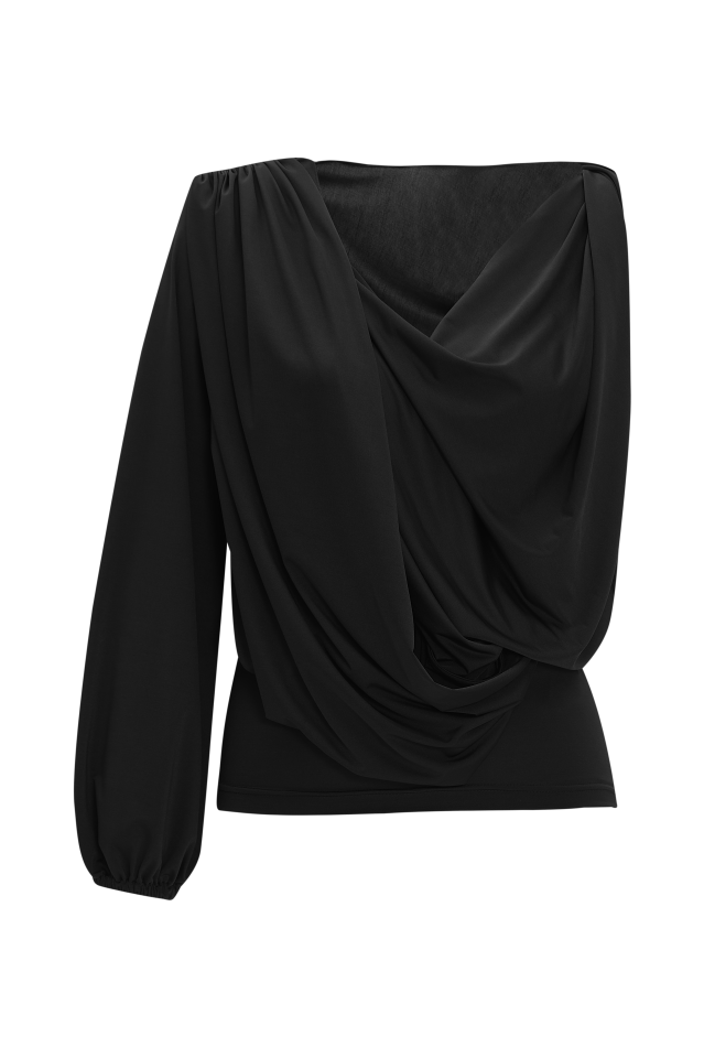 Draped Jersey Top & Gathered Skirt in Black