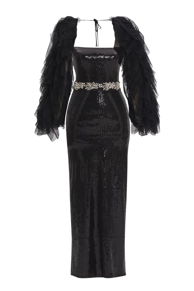 Sequin Maxi Gown with Tulle Cape