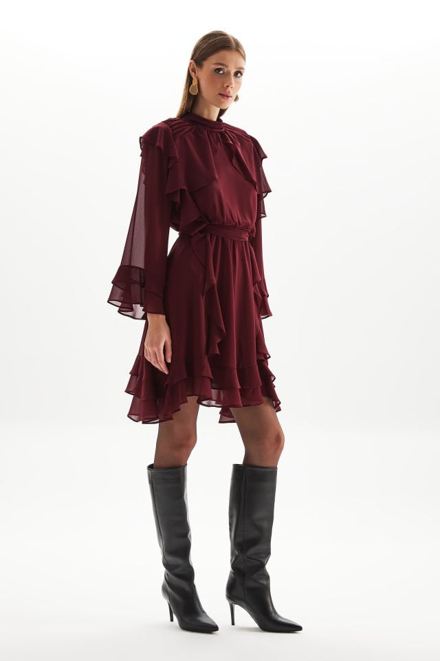 Ruffled Chiffon Dress in Burgundy