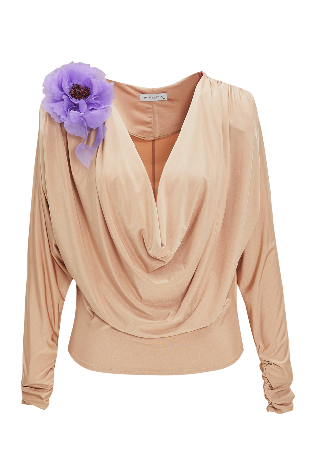 Cowl Neck Draped Jersey Top in Beige
