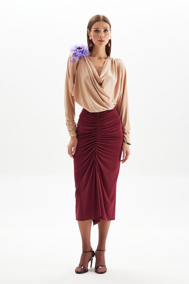 Gathered Midi Skirt in Burgundy