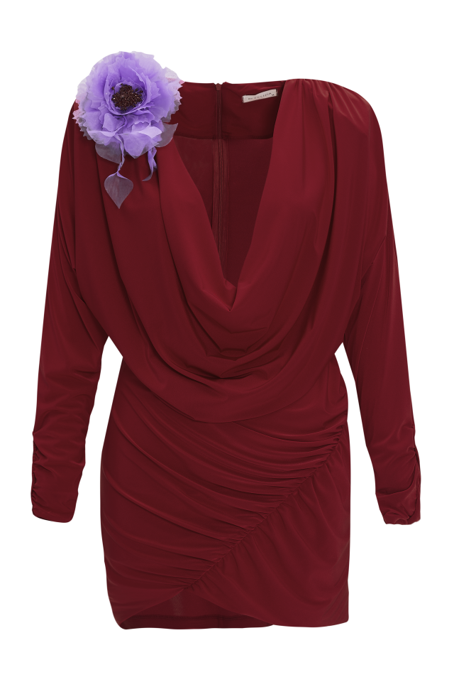 Cowl Neck Draped Jersey Mini Dress in Burgundy