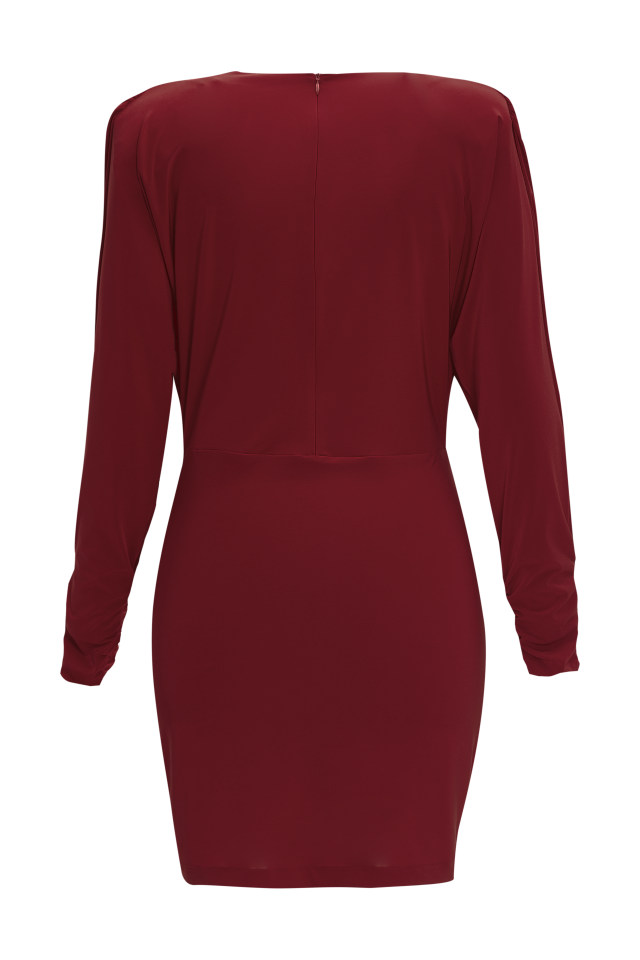 Cowl Neck Draped Jersey Mini Dress in Burgundy