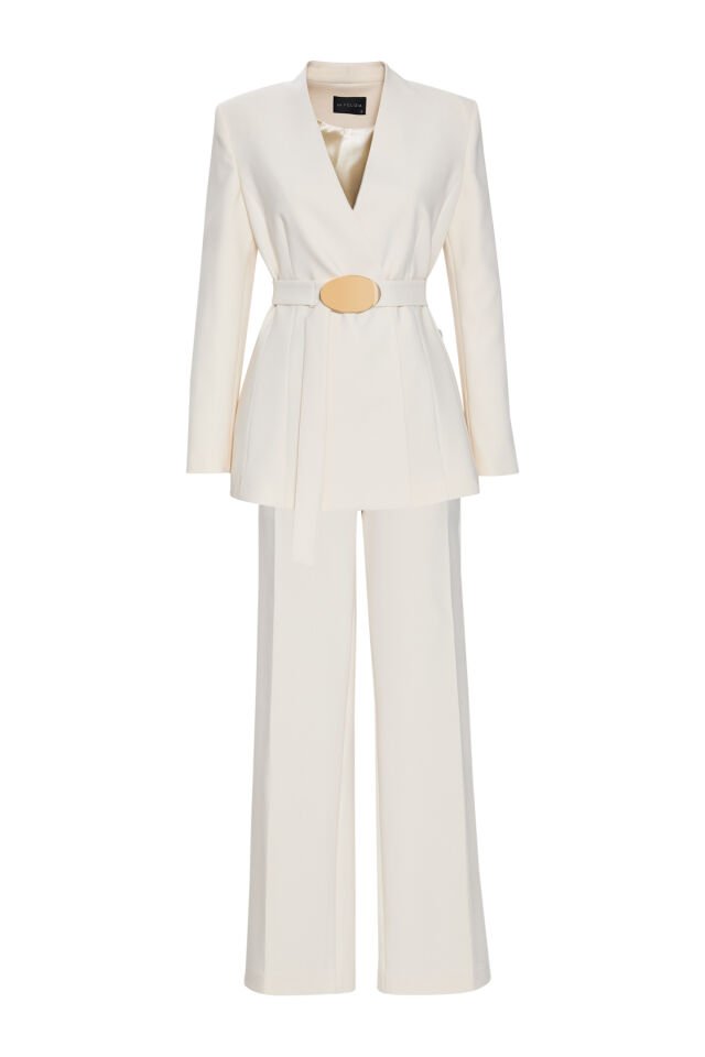 Fitted Belted Suit in Ecru