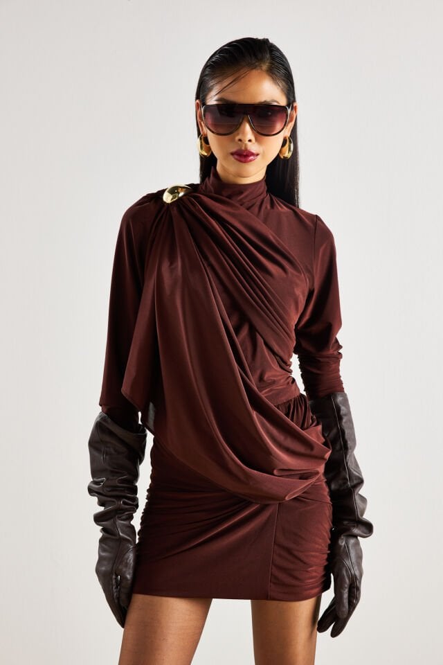 Jersey Draped Mini Dress In Brown