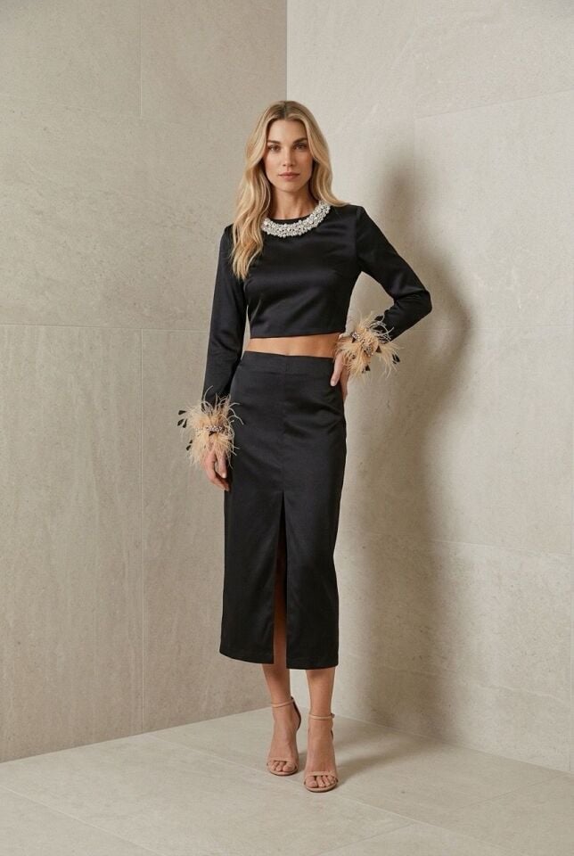 Embellished Crop-Top & Midi Skirt Co-Ord Set